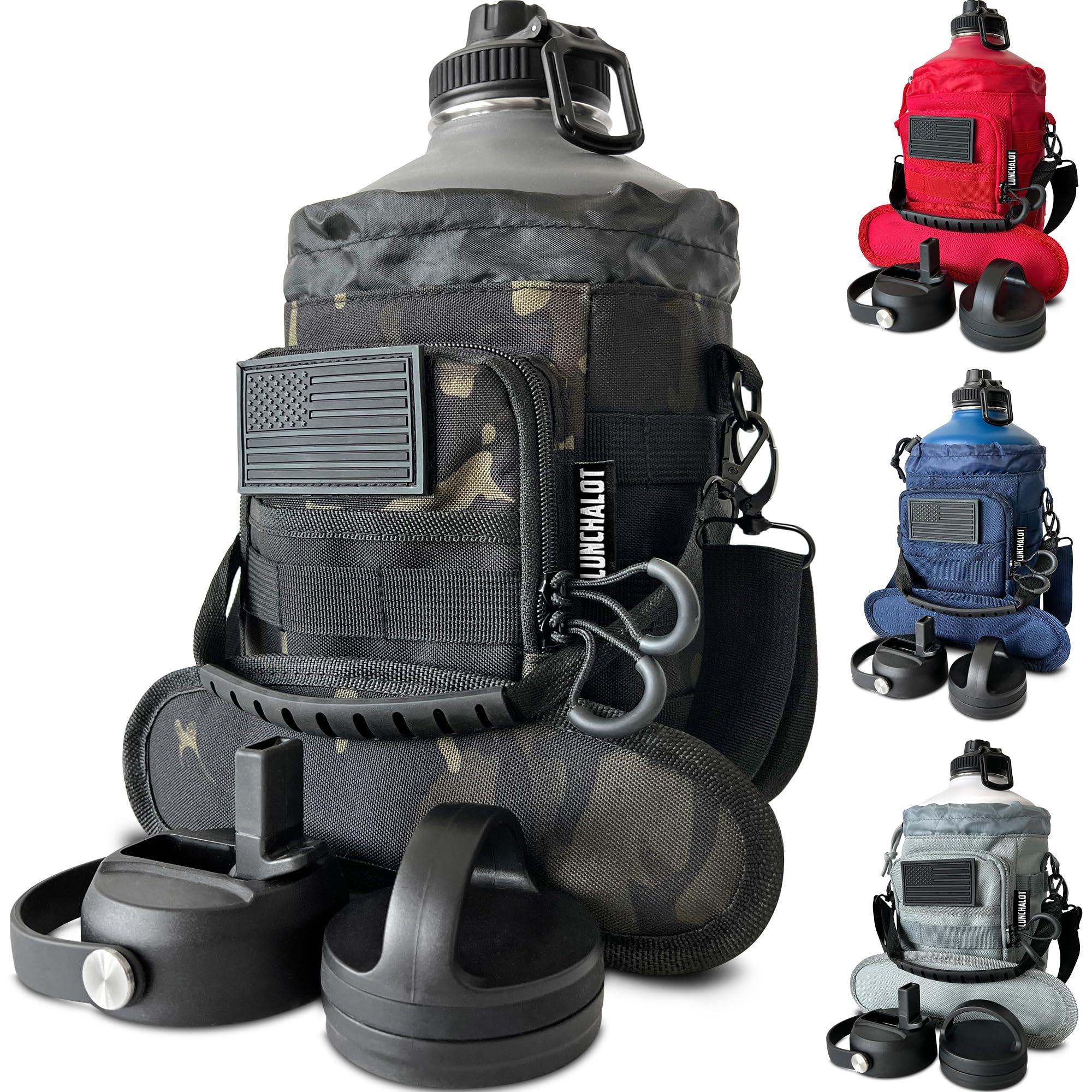 1 Gallon Water Bottle - 128 Oz Insulated Stainless Steel Metal Water Bottle with Holder - Carrying Bag - Spout Handle - Straw Lids - Keep Cold & Hot - Black Tactical Flask